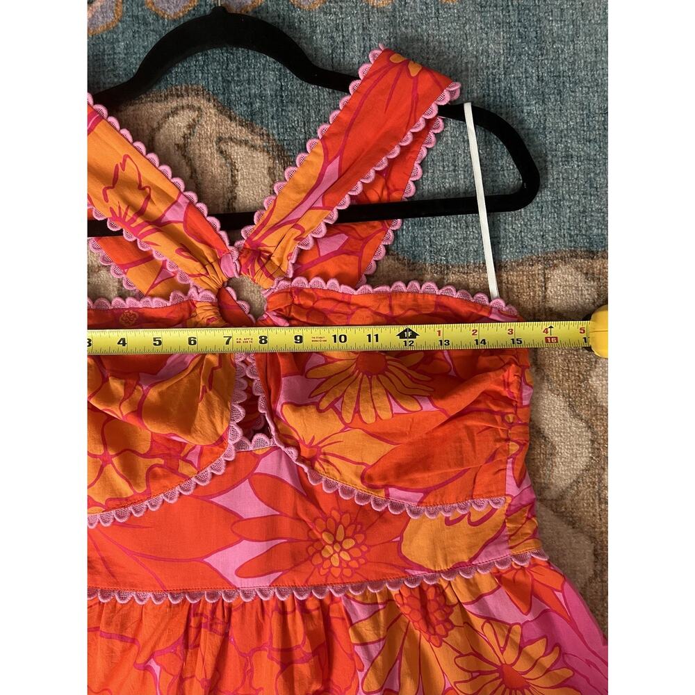 J. MARIE Lizzie Tropical Orange Pink Floral Ric Rac Cross Halter Midi Dress XL - Picture 15 of 15